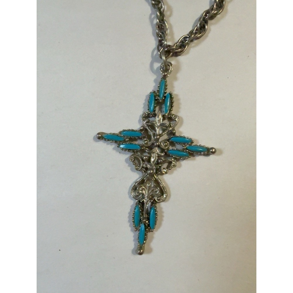 T20248-Vintage Turquoise Color Silver Tone Filigree Cross Necklace 24" Ornate